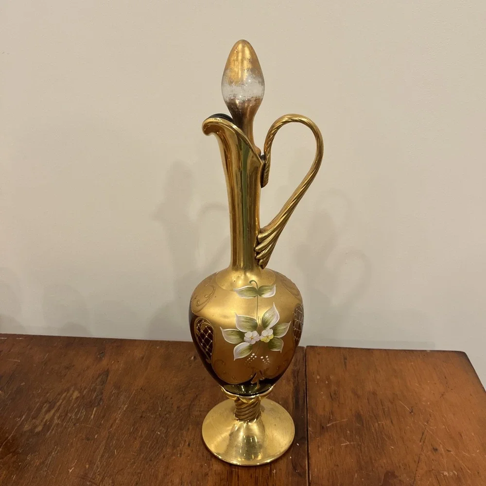 Vtg Tre Fuochi Italian Venetian Murano Glass Amber 24K Gold Floral Decanter Set